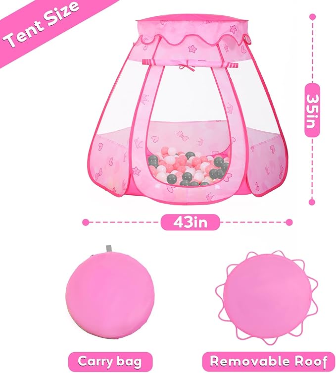 Baby Ball Pit for Toddler with 50 Balls, Kids Pop Up Play Tent for Girls, Princess Toys for Children Indoor Outdoor Playhouse with Carry Bag