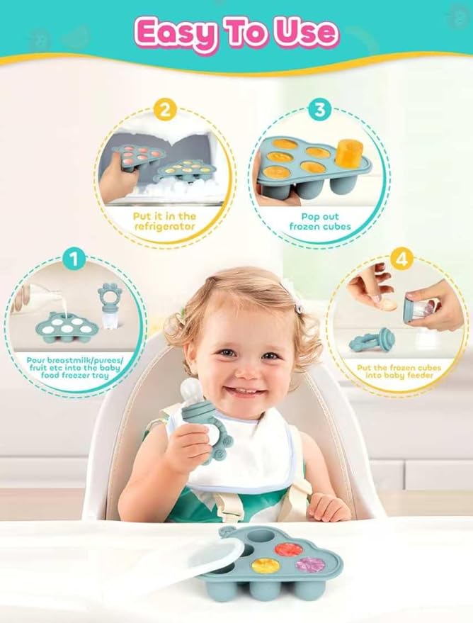 Baby Popsicle Molds & Food Feeder Set, Baby Fruit Feeder for Infant Teething Relief & Safe Infant Self Feeding 4 Months+ Starting Solids for Essentials (Beige)