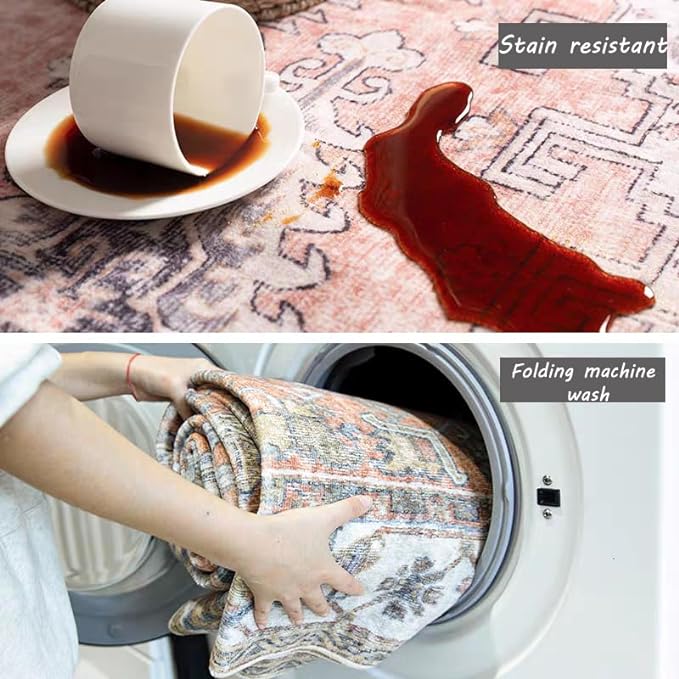 Area Rug 5x7 Washable Rug Brown Vintage Traditional Floor Cover Foldable Thin Retro Kitchen Accent Indoor Distressed Non Slip Carpet Bedroom Living Room Bathroom