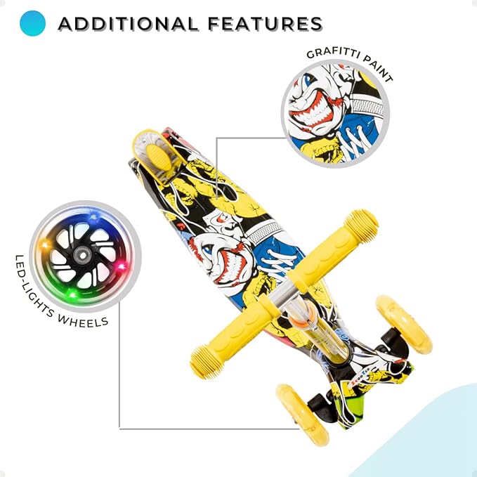 Maxi Scooter for Kids Ages 6-12 Lean-to-Steer 3 Wheel Scooter for Kids Ages 6-12 PU Light-Up Wheels Kids Scooter Adjustable Height Light Weight Aluminum Scooters T-Bar Colorful Design Printed