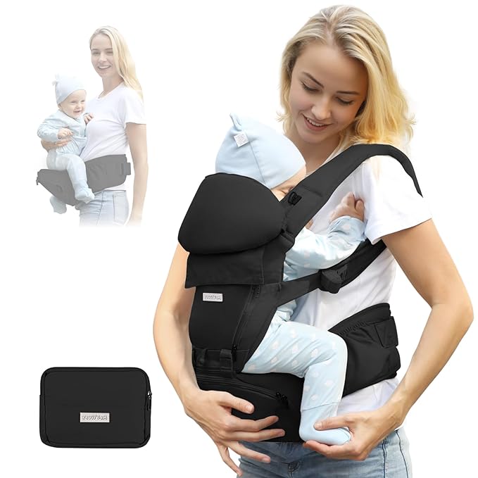FRUITEAM Baby Carrier Newborn to Toddler 6 in 1 Hip Waist Stool with Head and Lumbar Support, Safety - Certified Hip Seat Carrier, Adjustable & Removable Baby Carrier for All Seasons, Black