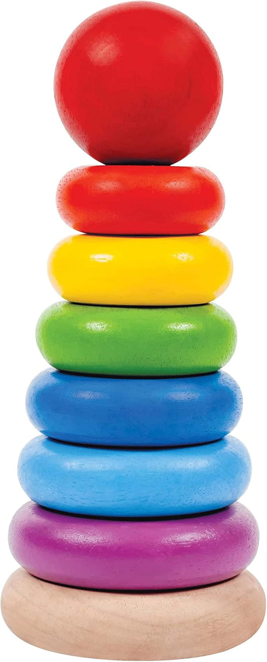 PlanToys Wooden 8 Piece Sorting and Stacking Ring Toy (5124) | Rainbow Color Collection |Sustainably Made from Rubberwood and Non-Toxic Paints and Dyes