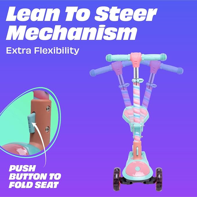 SKIDEE Kick Scooters for Kids Ages 3-5, Adjustable Height Foldable Scooter with Removable Seat, 3 LED Light Wheels, Rear Brake, Wide Standing Board, Suitable Up to 12 Year Old Boys/Girls