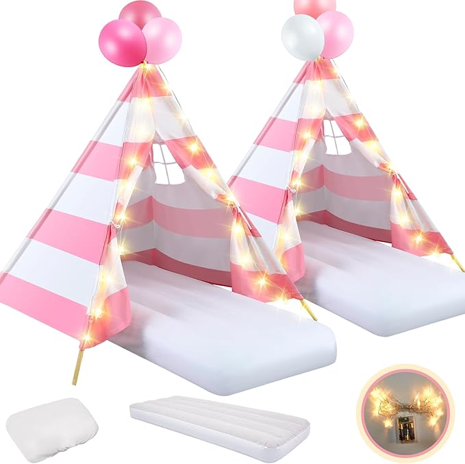 2 Pack Kids Teepee Tent with Mattress,Fitted Sheet,Light String,Washable Natural Cotton Toddler Play Tent for Girls Boys Indoor Outdoor Sleepover Slumber Birthday Party(Pink and White)