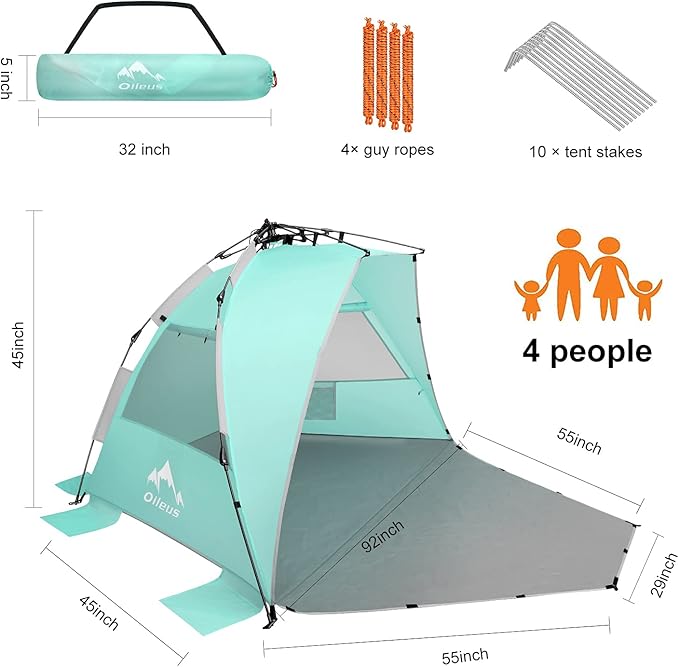 Oileus X-Large 4 Person Beach Tent Sun Shelter - Portable Sun Shade Instant Tent for Beach with Carrying Bag, Stakes, 6 Sand Pockets, Anti UV for Fishing Hiking Camping, Waterproof, Light Green