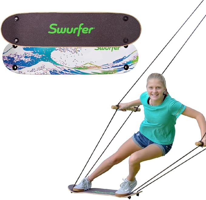 Swurfer TreeSkate Skateboard Swing, Outdoor Stand Up Surf Swing, Holds Up to 200 lbs, Ages 6 and Up, Adjustable Handles, Grip Tape, Kids Outdoor Play Equipment for Children and Adults (Waves)