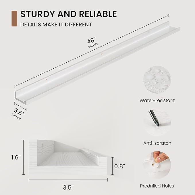 Picture Ledge Shelf, Solid Pine Wood Floating Shelves Set of 2, 48 Inches Nursery Book Shelves for Toys Storage, Kids Bookshelf Wall Mounted for Living Room Bedroom Decor Books Photo Frames, White