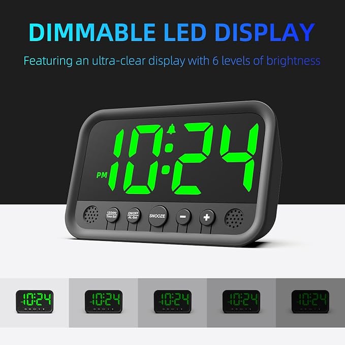 Small LED Digital Clock for Bedroom, Loud Alarm Clock for Heavy Sleepers Adults, Teens | Plug-In Electric Desk Clock | Simple Bedside Nightstand Clock with Adjustable Volume/Brightness/Snooze – Green