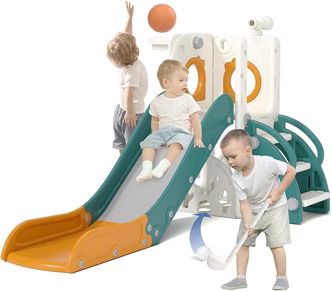 KORIMEFA 7 in 1 Toddler Slide, Kids Slide for Toddlers Baby 1-3 Years Old, Indoor and Outdoor with Basketball Hoop & Golf Set, Plastic Slides for Kids Easy Assembly, Green