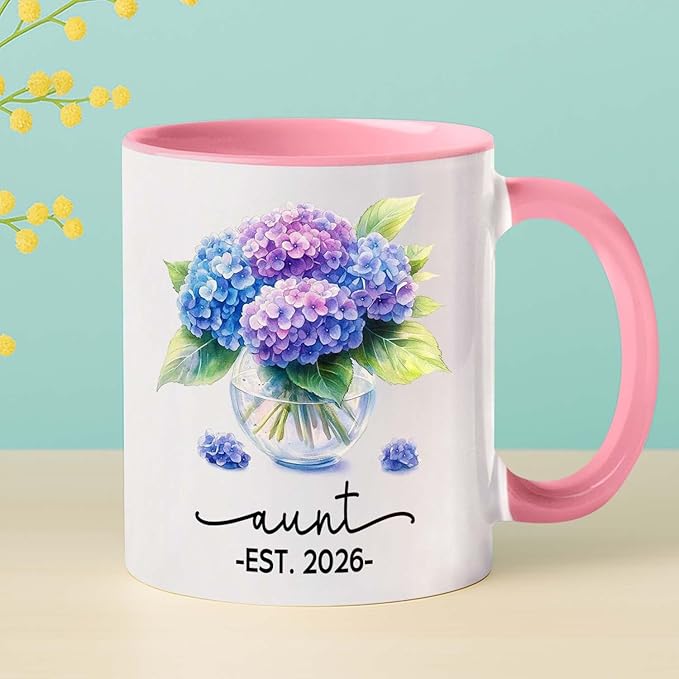 Personalized Year Name Aunt Coffee Mug Gift For Pregnancy Reveal Birthday, Customized Aunt EST 2026 Accent Cup, Hydrangea Auntie White Coffee Cup 11 15 Oz, Auntie to Be Mug Gift For Sister Besties