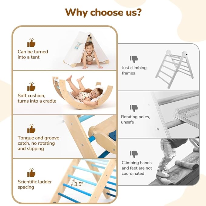 Pikler Triangle Set with Cushion, 8-in-1 Toddler Climbing Toys Indoor, Wooden Montessori Climbing Set with Arch Ramp,Ladder&Tent Cloth, Baby Indoor Climber Jungle Gyms for Toddlers Toy, Blue