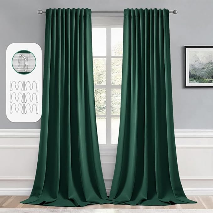 MIULEE Hunter Green Back Tab Blackout Curtain 96 Inch Long 2 Panels Set for Living Room Bedroom, Rod Pocket/Pinch Pleat Thermal Insulated Room Darkening Pleated Floor to Ceiling Drapes