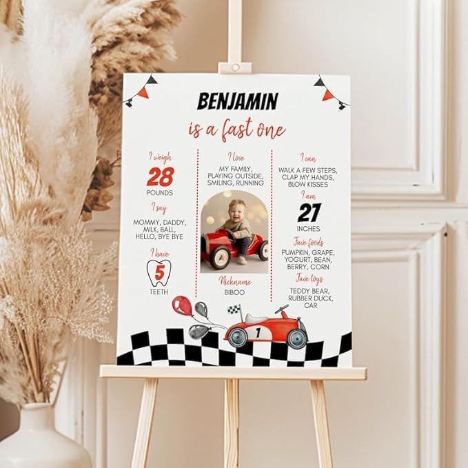 Personalized Fast One Birthday Milestone Photo Poster, Race Car 1St Birthday Milestone Sign, Racing Car Birthday Sign, Design 010