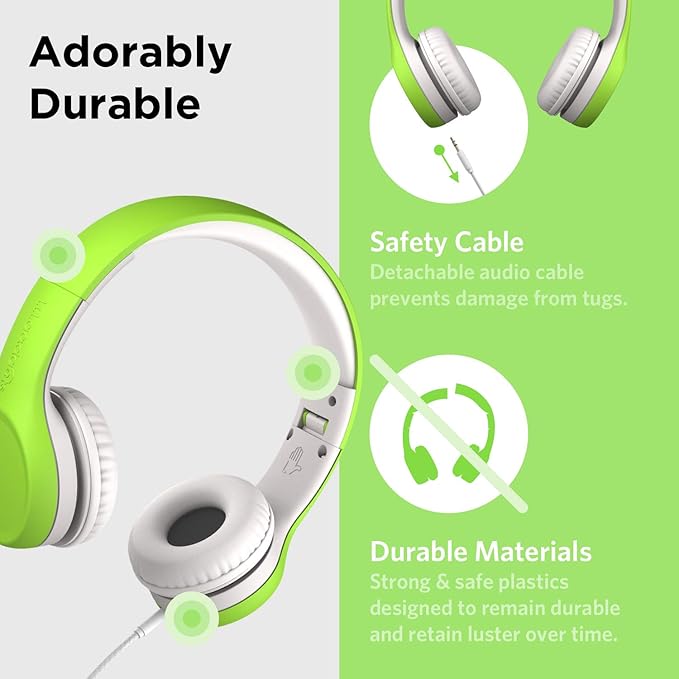 LilGadgets Connect+ Wired Kids Headphones for School with Mic, Volume Limited & Noise Reduction, On-Ear Headset with Cord, SharePort Technology for Multiple Kids & SoftTouch Padding, Green