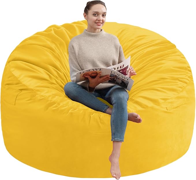 6FT Bean Bag Chair, Large Bean Bag Chairs with Memory Foam Filled, Fluffy Beanbag Sofa with Dutch Velvet Cover, Round BeanBag Chairs for Living Room, Playroom - Lemon
