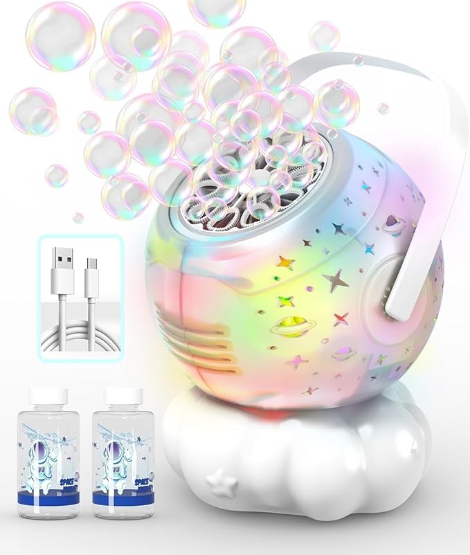 Rechargeable Bubble Machine, Bubble Maker for Kids with Colorful LED Light, Make Large Bubbles, 600mL Capacity - Outdoor Party Birthday Halloween Toys Gifts for Toddlers Ages 3+ Boys Girls