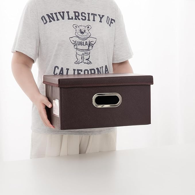 PRANDOM Collapsible Storage Box with Lid [3-Pack] Leather Fabric Foldable Storage Bin Organizer Container Basket Cube with Cover for Home Bedroom Closet Office Nursery Brown(13.6x9.6x6.9)