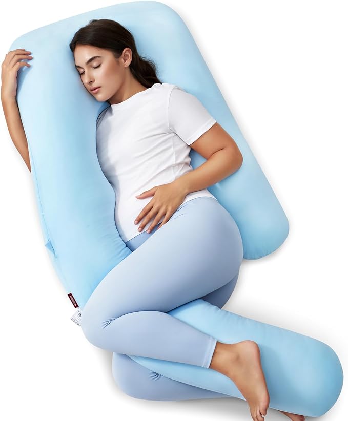 Momcozy Pregnancy Pillow with Cooling Cover, Dreamlign U Pro Maternity Pillow with Adjustable Leg Pillow - Support for Back, HIPS, Belly, Legs for Pregnant Women, 50-72 Inch, Bule