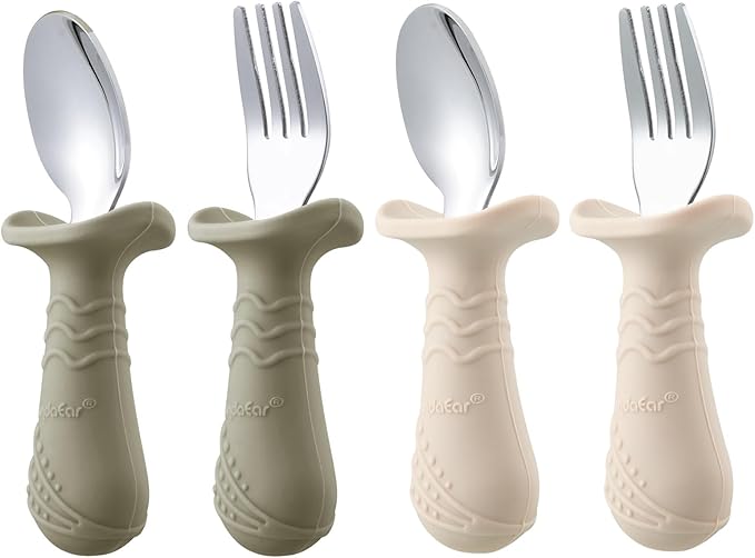 PandaEar Baby Toddler Fork and Spoon Utensil Set, 6 Pack Silicone Stainless Steel Silverware Spoon Fork for Babies Toddler, BPA Free with Silicone Holding Anti-Choke Design (Light Tan&Walnut&Grey)