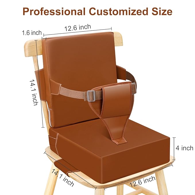 Toddler Booster Seat for Dining Table Kitchen Chair, Waterproof Non-Slip with Backrest & Adjustable Straps, Portable PU Travel Baby Kids Booster Seat Cushion