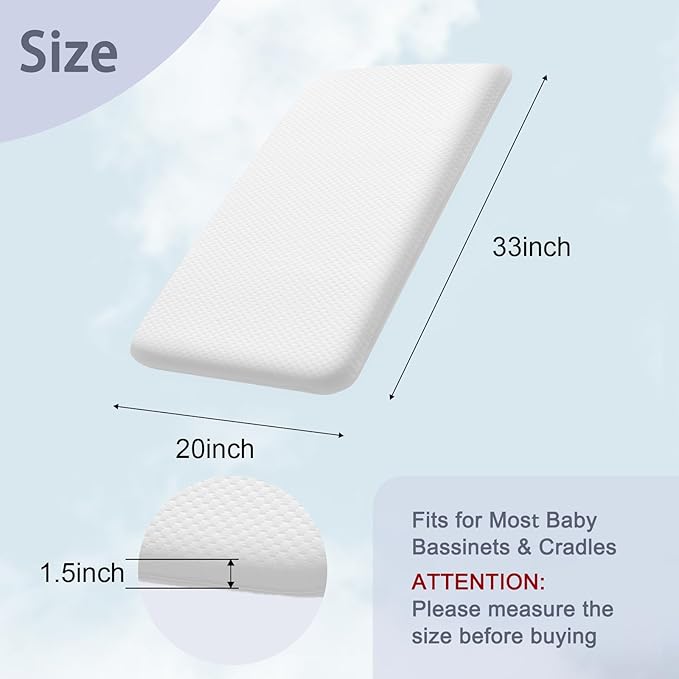 Lisara Baby Bassinet Mattress Pad, 33 x 20 Dual Sided Gel Memory Foam Mattress with Waterproof, Removable and Breathable Ice Silk Cover, Fit for Bassinet