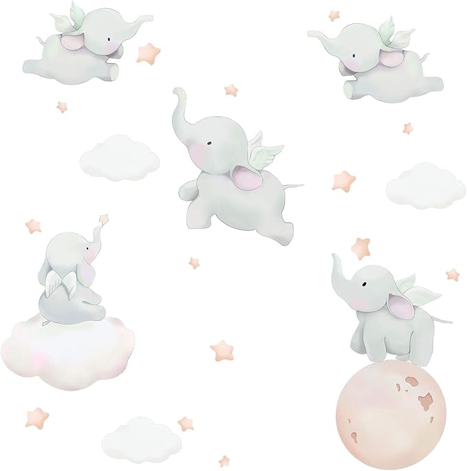 Runtoo Elephant Wall Decal Kids Animals Art Wall Stickers Baby Nursery Bedroom Space Wall Décor