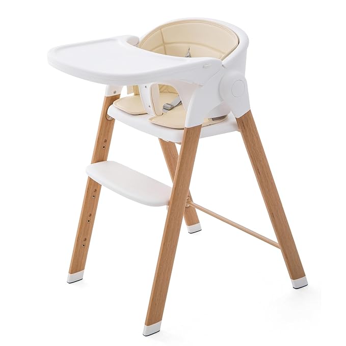 Convertible High Chairs for Babies & Toddlers. 5-in-1 Adjustable High Chair with Removable Tray, Easy to Clean, Portable (White Khaki)