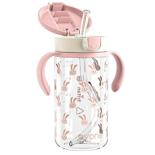 Evorie Tritan Spill Proof Toddler Straw Sippy Cup, 10 oz for Baby and Toddlers 1-3 Years Old, No Spill Straw Water Bottle with Removable Handles, Ideal for School, BPA-Free, Pink Rabbit