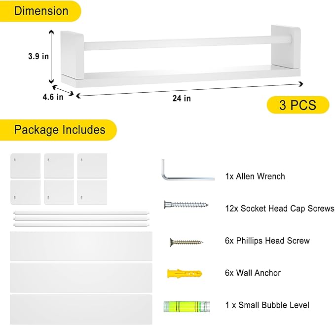 Nursery Floating Shelves for Kids Room, Wall Book Shelves for Kitchen Living Room, Book Shelf Wall Mounted for Baby Kids Bedoom Bathroom (White, 24inch Set 3)
