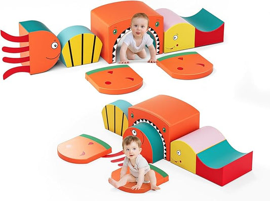 Lischwert Foam Climbing Blocks for Toddlers, Shark Theme Baby Climbing Blocks Soft Play Climbing for Toddlers with Foldable Block and Tunnel Indoor Climbing Toys for Toddler 1-3, 6 Pieces