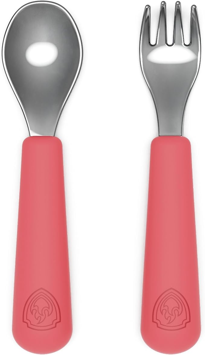 Lalo PAW Patrol Utensils - Toddler Fork and Spoon Set - Stainless Steel and Silicone Ergonomic Toddler Utensils - Children Safe Flatware Set - 2 Pieces - Marshall