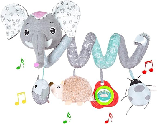 Car Seat Toys, Baby Activity Spiral Hanging Toys for Stroller Car Seat Crib Bar Bassinet Mobile, Musical Elephant Toys for Newborn Infant Boys Girls 0 3 6 12 Months