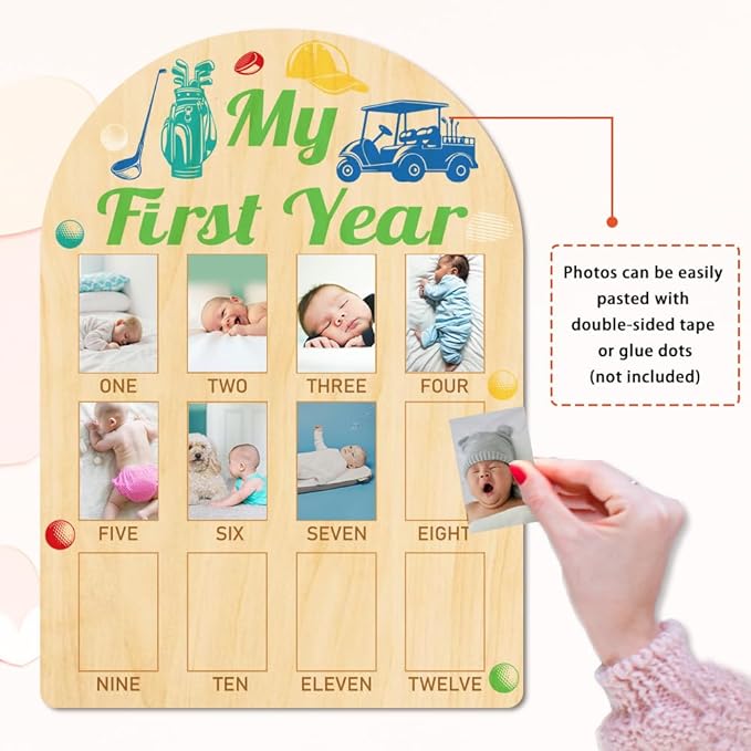 ORIGACH My First Year Baby Growth Photo Display Wood Board - 12 Months Newborn Milestones Photo Board - Neutral Baby Keepsake Frame 1st Birthday Party Nursery Decor New Mom Gift - Golf Element