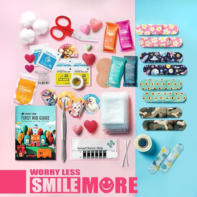 EVERLIT Mini Rescue Pack | 105 Medical Essentials Organized in Portable Storage Bag | Pocket Size Kids First Aid Kit with D Ring | Small Family-Friendly Travel Medical Kit (Christmas)