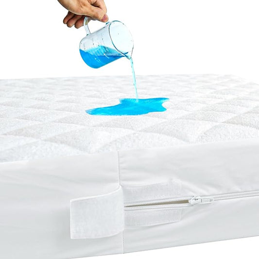 Waterproof Quilted Crib Mattress Encasement, Zippered Crib Mattress Protector, Breathable and Absorbent, Viscose 6 Sides Fully Encased Cover