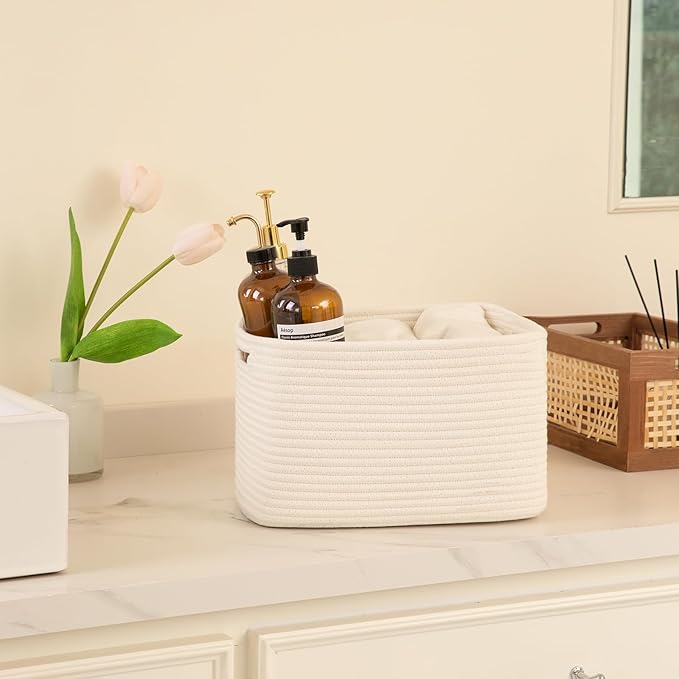 OIAHOMY 4 Pack Storage Baskets for Organizing, Cube Storage Bins for Shelves, Rectangle Storage Baskets With Handles, Woven Baskets for Storage, 12.7''Lx9''Wx7.8''H, White