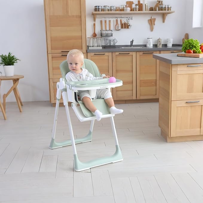 3-in-1 Foldable High Chair for Babies & Toddlers – Adjustable Height, Reclining Seat, 5-Point Safety Harness, Removable Tray, Lockable Wheels, Washable Cushion – Portable & Easy Clean, Green