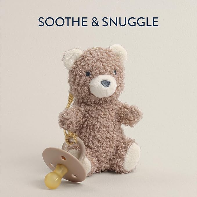 Itzy Ritzy Pacifier & Lovey Set - Natural Rubber Paci with Stuffed Animal Lovey - Detachable Plush Bear Pacifier Holder & Coordinating Natural Rubber Soother, Ideal for Ages 0-6 Months (Bear)