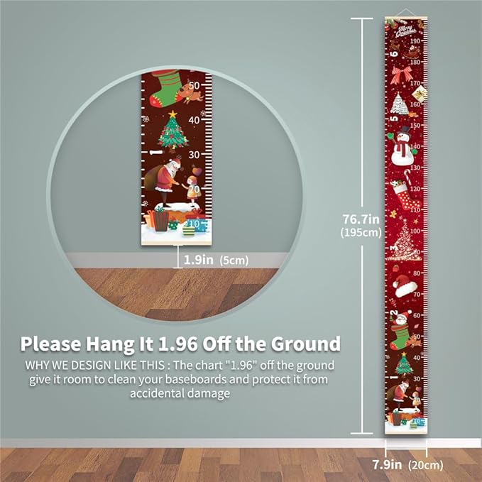 Christmas Baby Growth Chart for Wall, Height Chart for Kids, Xmas Kids Nursery Decor, Hanging Ruler Wall Decor, Kids Room Decor, Holiday Gifts for Boys Girls Toddlers - 76.7 x 7.9in with Beige Wood