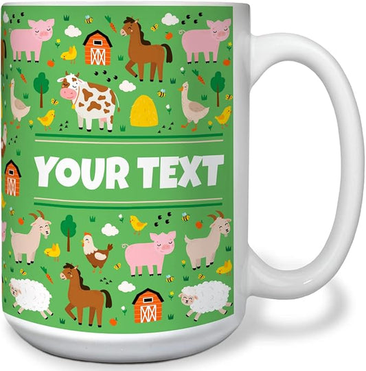Personalized Mug for Kids - Farm Animals - Custom Name/Text, Ceramic Hot Chocolate/Cocoa/Coffee Cup for Boys/Girls, Birthday/Christmas/Holiday Gift - 15 oz, White Handle