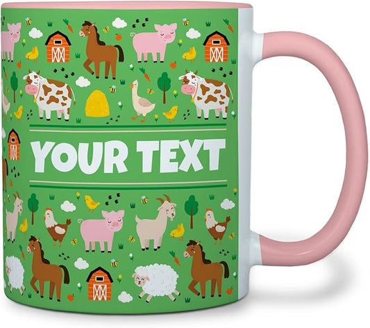 Personalized Mug for Kids - Farm Animals - Custom Name/Text, Ceramic Hot Chocolate/Cocoa/Coffee Cup for Boys/Girls, Birthday/Christmas/Holiday Gift - 11 oz, Pink Handle