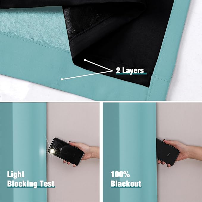 ChrisDowa 100% Blackout Curtains 95 inch Long for Bedroom with Black Liner, 2 Thick Layers Total Blackout Thermal Insulated Grommet Window Curtains 2 Panels Set (Aqua, 52 x 95 Inch)