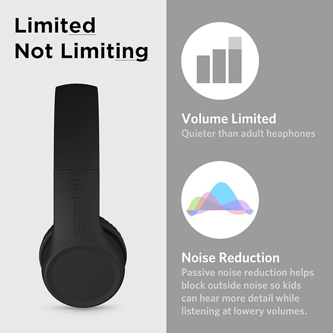 LilGadgets Connect+ Wired Kids Headphones for School with Mic, Volume Limited & Noise Reduction, On-Ear Headset with Cord, SharePort Technology for Multiple Kids & SoftTouch Padding, Black