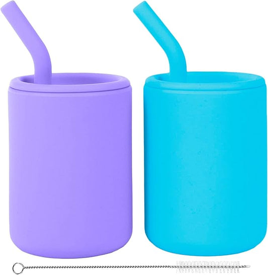 WeeSprout Silicone Baby Cups With Straws and Lids, 4 & 8 oz Options, Set of 2, Food Grade Toddler Training Container, Built In Straw Stoppers, Measurement Markings, Dishwasher Safe + Straw Cleaner