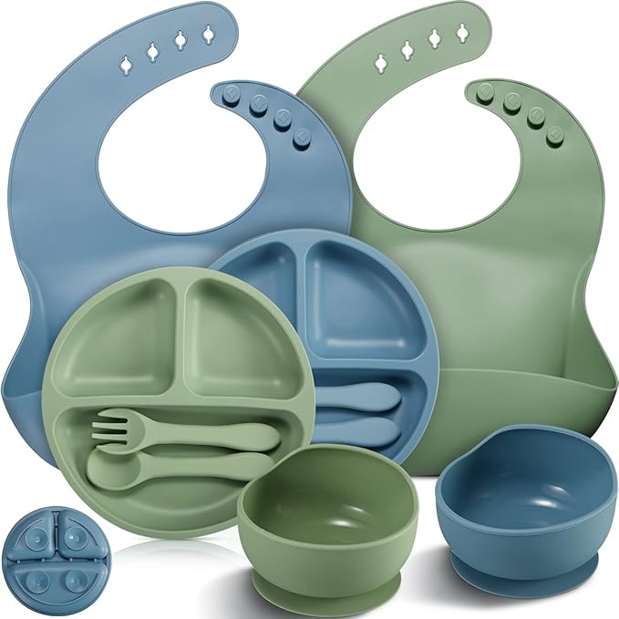 10 Pack Silicone Baby Feeding Set, Toddlers Led Weaning Feeding Supplies with Suction Baby Bowl Divided Plate Adjustable Bib Soft Silicone Spoon Fork, Infant Self Eating Utensil Set (Blue, Green)