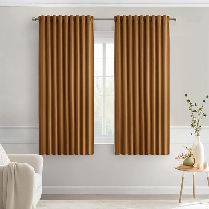 MIULEE Golden Brown Back Tab Blackout Curtains 63 Inch Length 2 Panels Set for Living Room Bedroom Privacy, Rod Pocket/Pinch Pleat Thermal Insulated Room Darkening Pleated Light Blocking Drapes