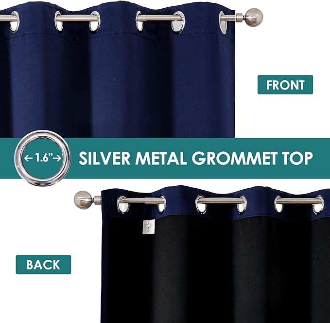 ChrisDowa 100% Blackout Curtains for Bedroom with Black Liner, 2 Thick Layers Total Blackout Thermal Insulated Grommet Window Curtains 2 Panels Set (Navy Blue, 52 x 84 Inch)