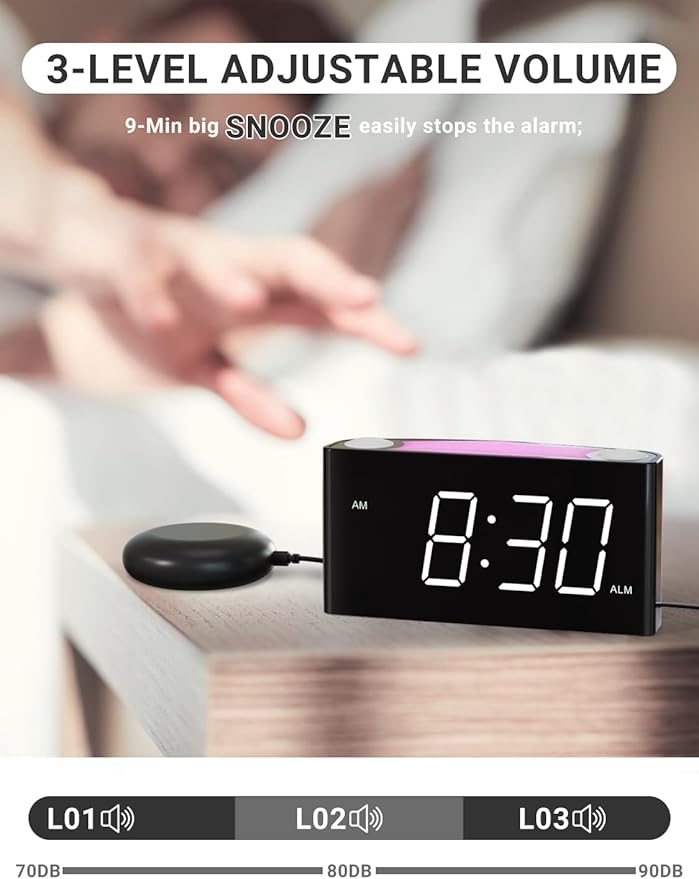 Vibrating Alarm Clock,PPLEE Loud Alarm Clock for Heavy Sleepers Hearing Impaired Deaf Teens,Bed Shaker Alarm Clocks for Bedrooms,5 dimmable,7 Color Night Light,USB charging,Type-C Charger,Memory Alarm