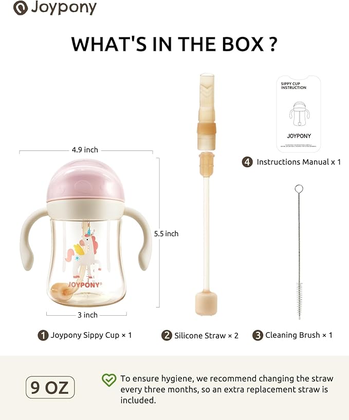 Sippy Cups for Toddlers 1-3, Spill Proof Weighted Straw Cup with Handle for Baby 6 Months + old, 2 Silicone Straws, PPSU, BPA Free, 9 oz (Pink)