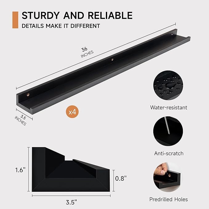 Picture Ledge Shelf for Wall, Floating Shelves Set of 4, 36 Inch Long Nursery Book Shelves for Toys Storage, Kids Bookshelf Wall Mounted for Books Photo Frames, Black